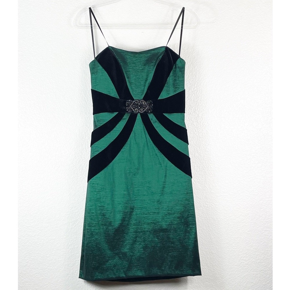 Betsy & Adam Women's Emerald Green Taffeta Black Velvet Strapless Dress 8 Dance